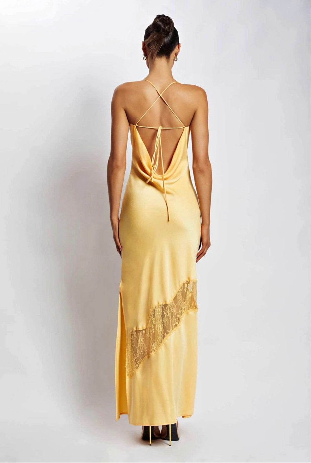 2024 Meshki Chandra Lace Detail Satin Maxi Yellow Lemon Dress