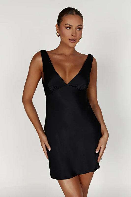 Nadia Satin Mini Dress With Cowl Back - Black